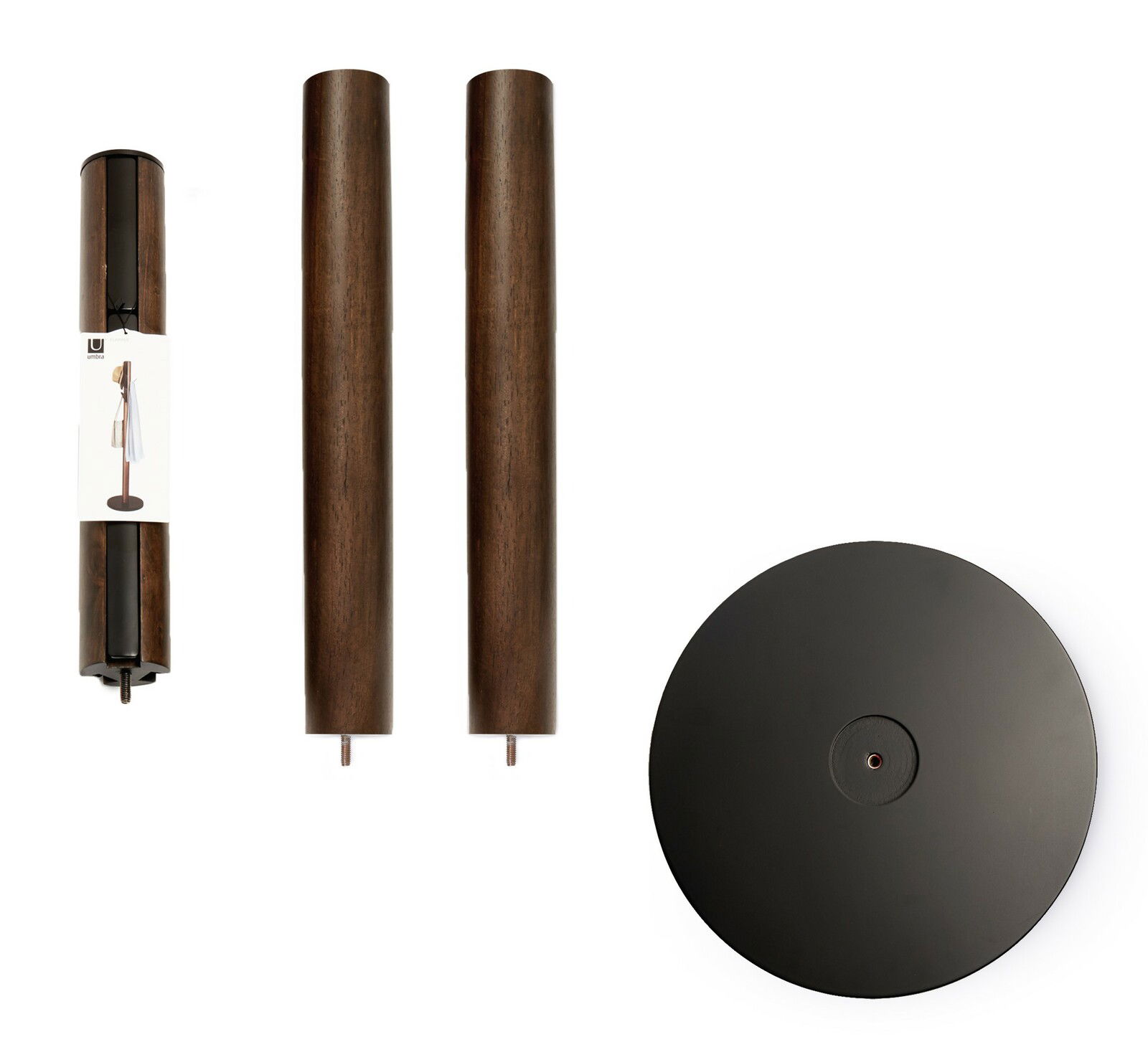 Einzelteile eines Garderobenständers in dunklem Holz und schwarzem Metall, aus der Vogelperspektive fotografiert.