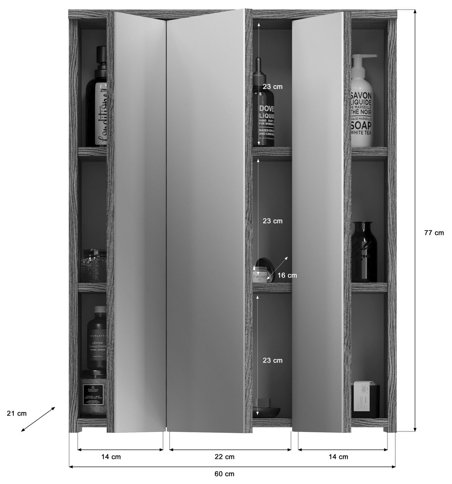 Spiegelschrank mit drei Türen, Holzoptik, Maße 77 cm hoch, 60 cm breit, 21 cm tief, Frontansicht