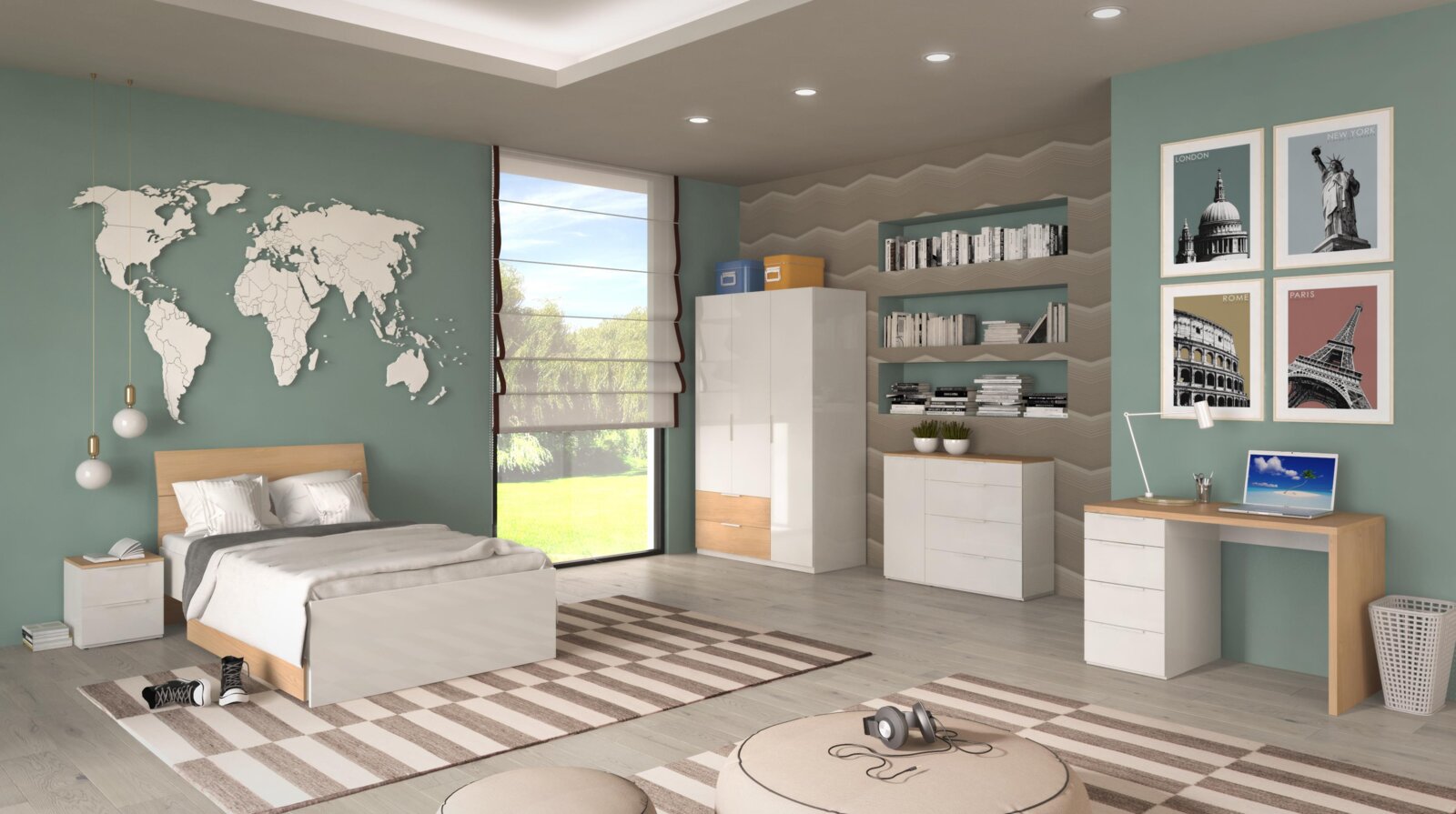 Modernes Jugendzimmer mit weiß-holzfarbenen Möbeln (Bett, Schrank, Kommode und Schreibtisch), Wanddeko mit Weltkarte und City-Postern sowie großem Fenster; Perspektive: Weitwinkelaufnahme aus leicht erhöhter Frontansicht.