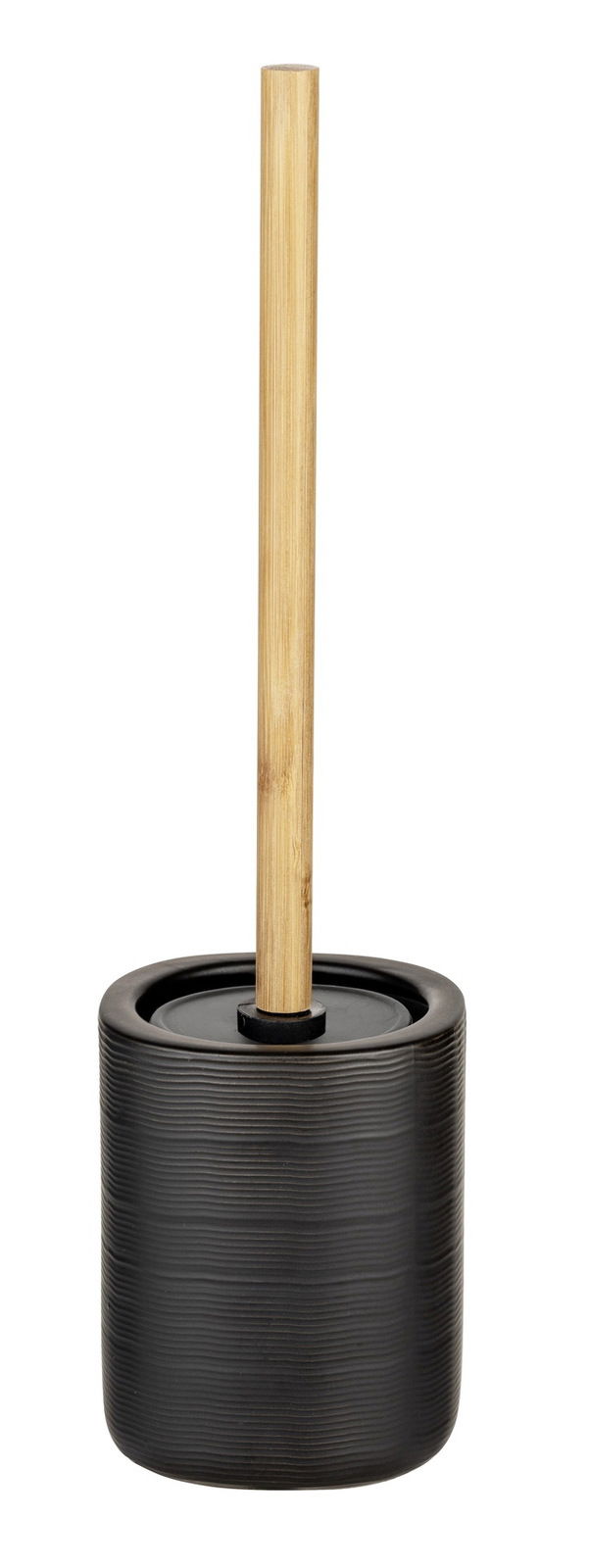 Schöner Wohnen WC-Garnitur ZENA Keramik WC-Garnitur Zena mit schwarzem, geripptem Behälter und Holzgriff, seitliche Perspektive