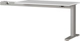 Schreibtischanbau 90 Grad in seitlicher Perspektive, mit grauem Metallgestell und weißer Tischplatte.