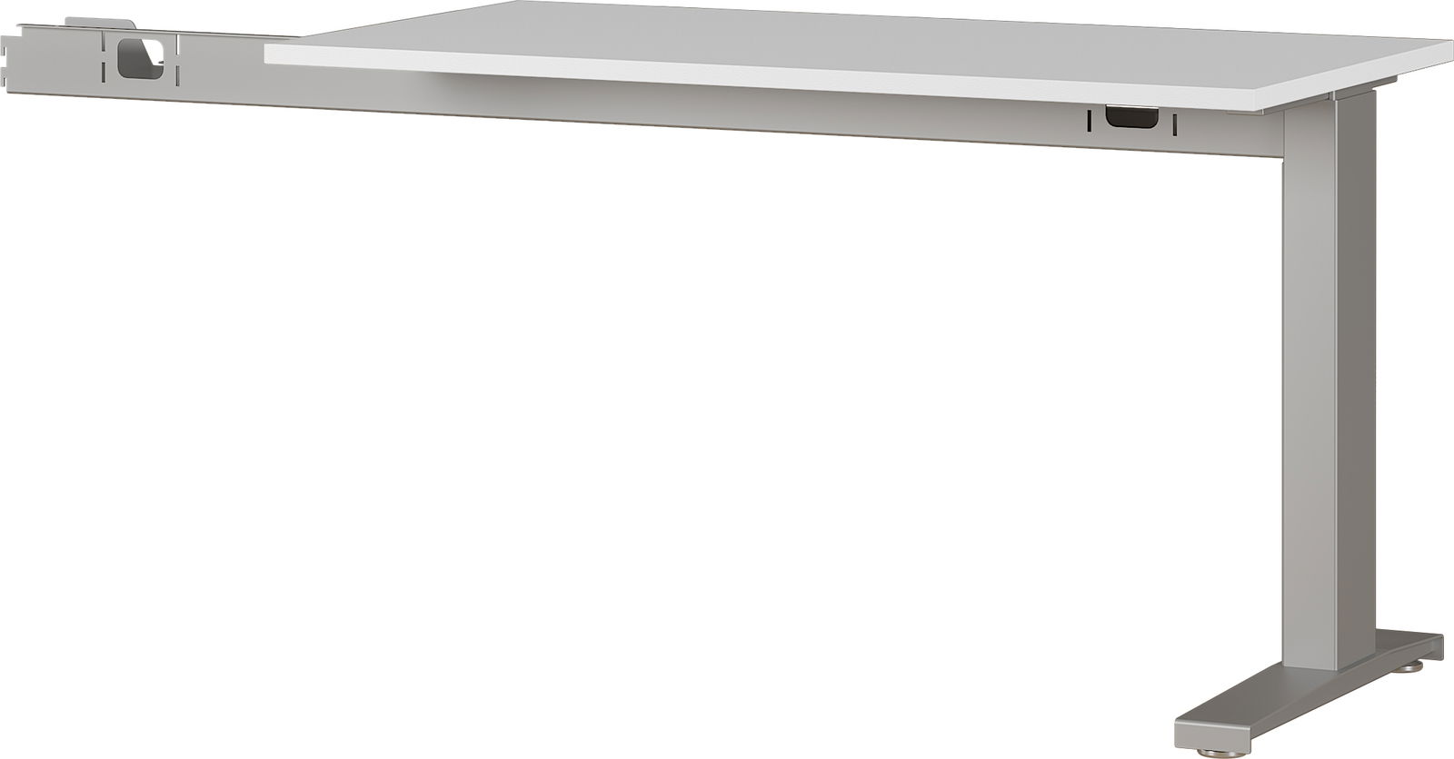 XORA Schreibtischanbau 90° LEGEND II Schreibtischanbau 90 Grad in seitlicher Perspektive, mit grauem Metallgestell und weißer Tischplatte.