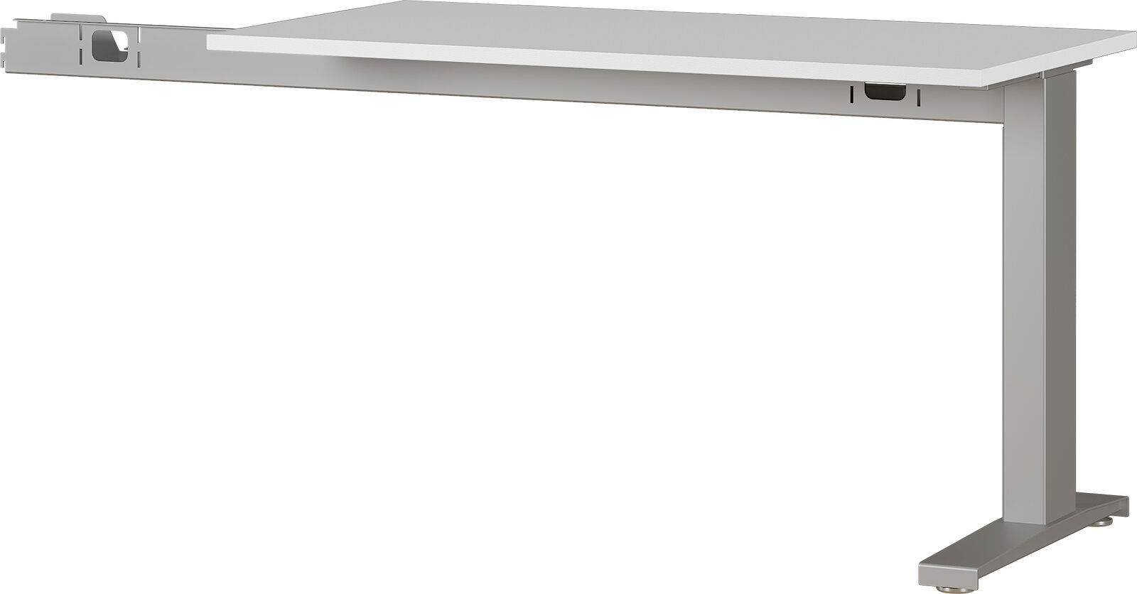 XORA Schreibtischanbau 90° LEGEND II Schreibtischanbau 90 Grad in seitlicher Perspektive, mit grauem Metallgestell und weißer Tischplatte.