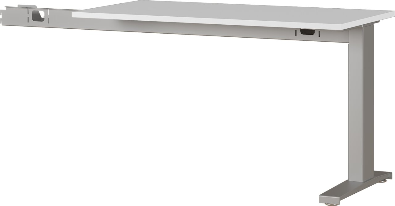 XORA Schreibtischanbau 90° LEGEND II Schreibtischanbau 90 Grad in seitlicher Perspektive, mit grauem Metallgestell und weißer Tischplatte.