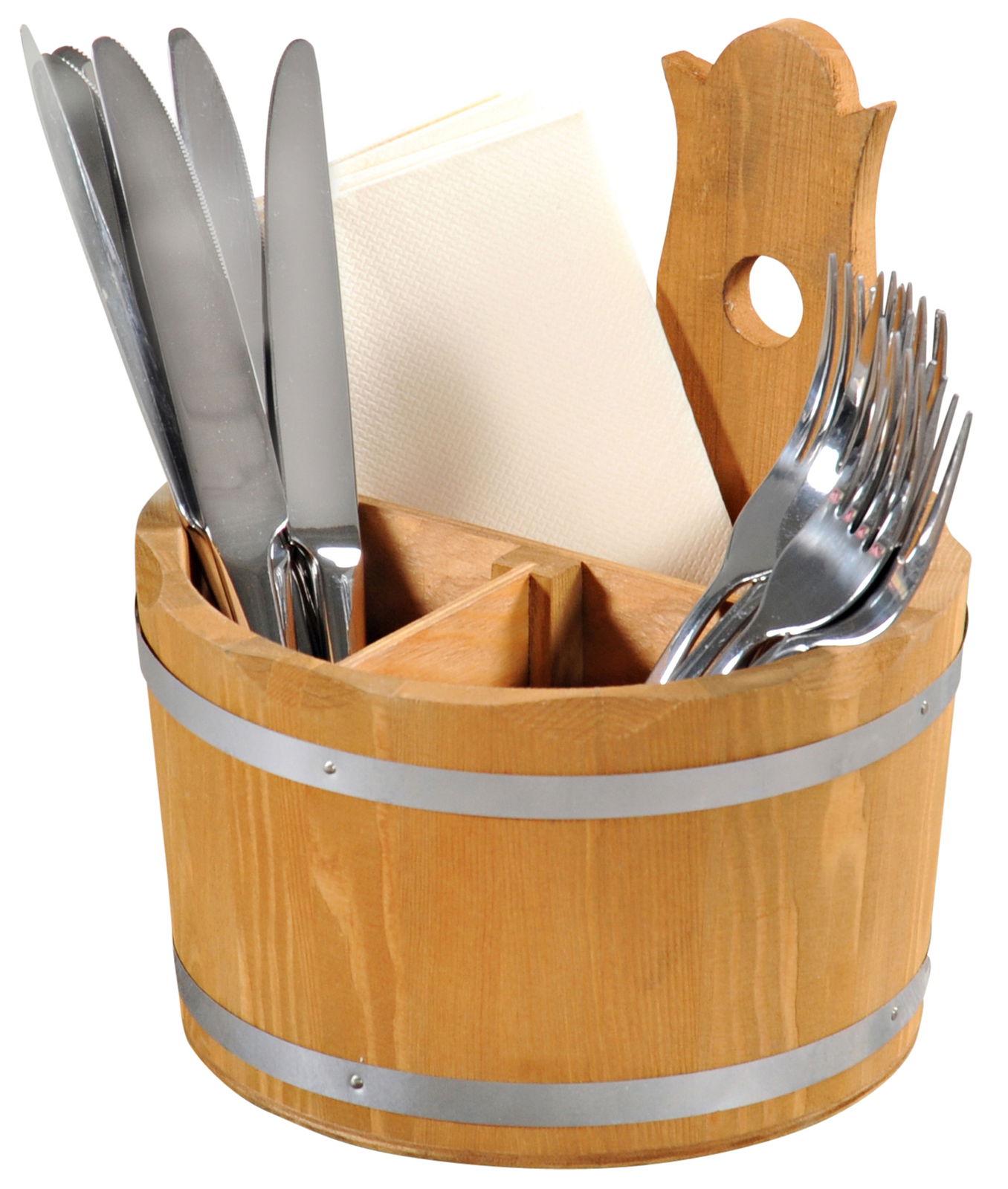 Runder Besteckbehälter aus Kiefernholz mit Metallringen, gefüllt mit Besteck und Servietten, aus leicht erhöhter Perspektive.