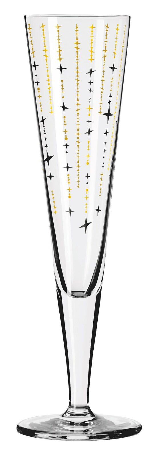 Champagnerglas mit goldenen und schwarzen Sternmustern, seitliche Perspektive
