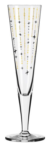 Champagnerglas mit goldenen und schwarzen Sternmustern, seitliche Perspektive