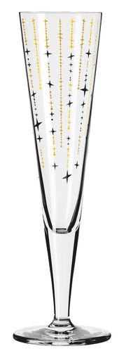 Champagnerglas mit goldenen und schwarzen Sternmustern, seitliche Perspektive