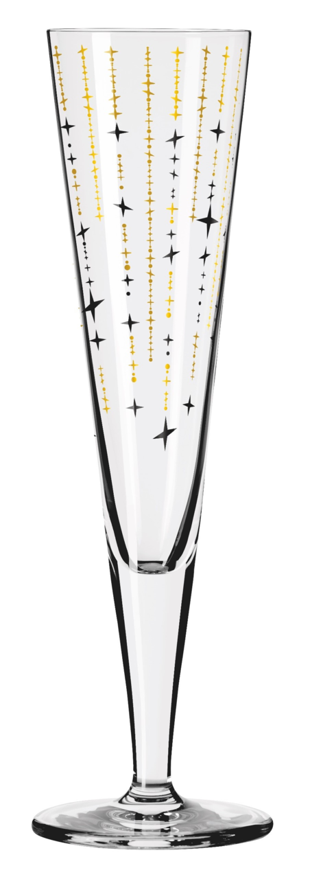 Champagnerglas mit goldenen und schwarzen Sternmustern, seitliche Perspektive