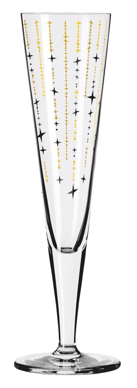 Champagnerglas mit goldenen und schwarzen Sternmustern, seitliche Perspektive