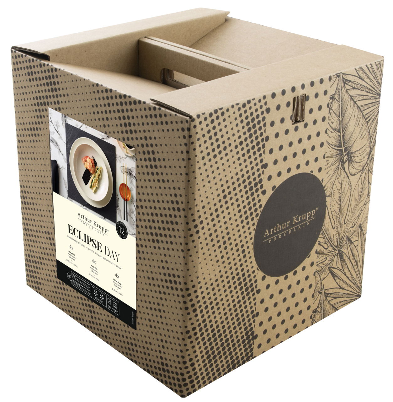 Verpackung des 12-teiligen Tellersets Eclipse Day von Arthur Krupp, schräg von oben fotografiert.
