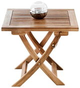 Klapptisch aus Holz mit Lamellenoberfläche, dekoriert mit einer Glaskugel auf einer Metallhalterung, seitliche Perspektive