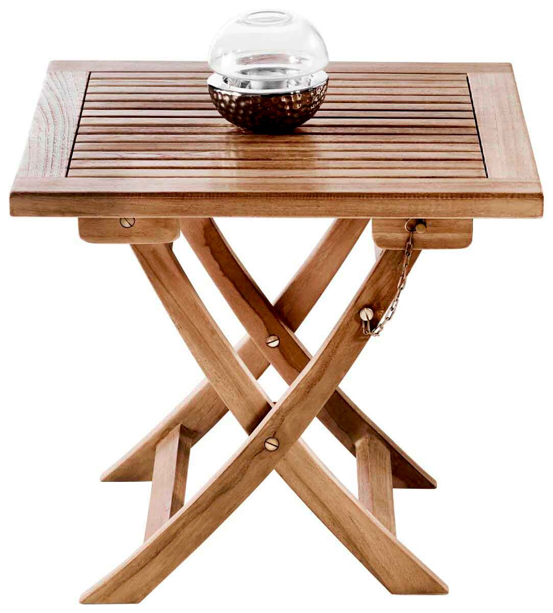 XORA Klapptisch SURABAYA Klapptisch aus Holz mit Lamellenoberfläche, dekoriert mit einer Glaskugel auf einer Metallhalterung, seitliche Perspektive