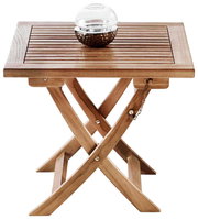 Klapptisch aus Holz mit Lamellenoberfläche, dekoriert mit einer Glaskugel auf einer Metallhalterung, seitliche Perspektive