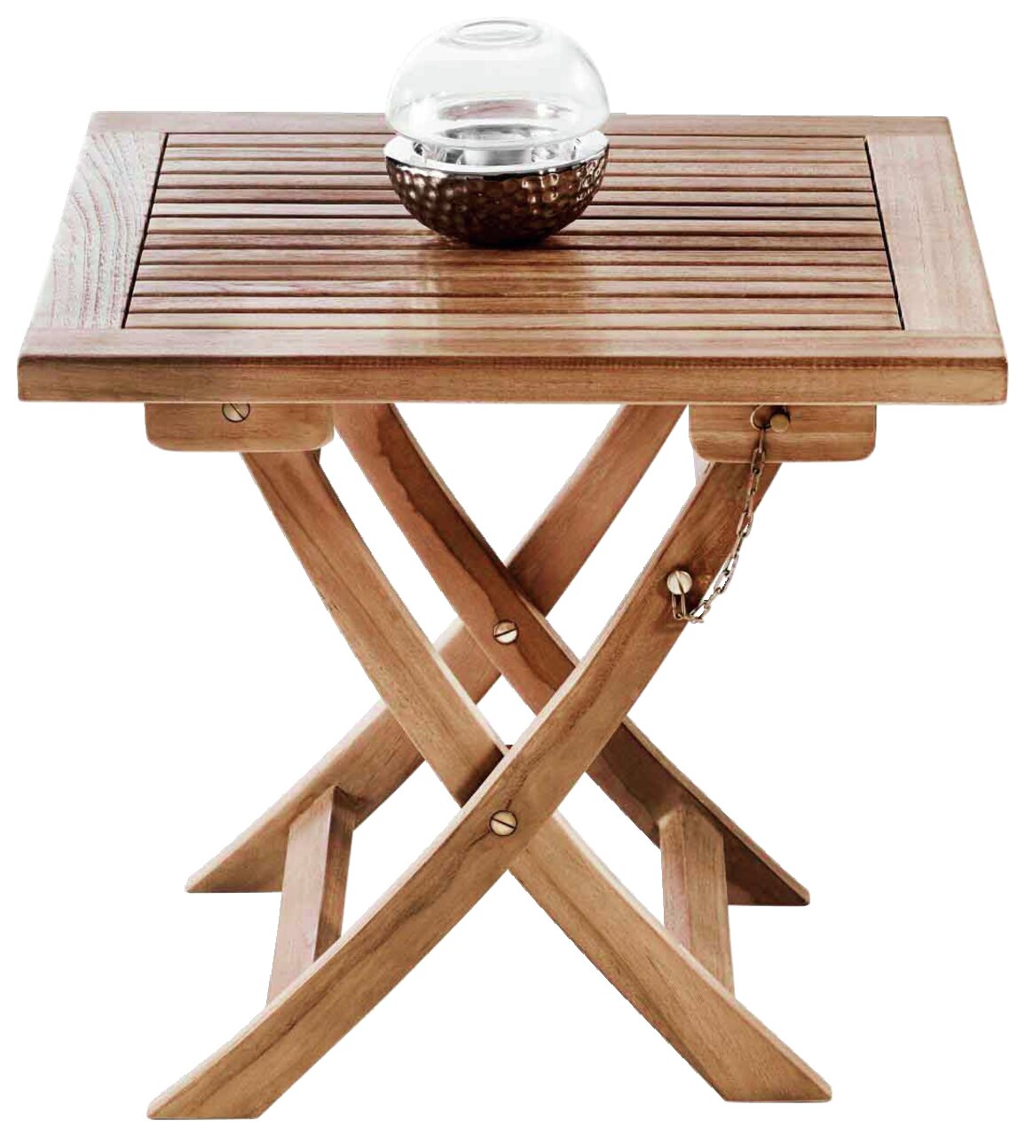 Klapptisch aus Holz mit Lamellenoberfläche, dekoriert mit einer Glaskugel auf einer Metallhalterung, seitliche Perspektive