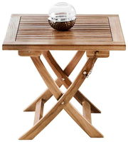 Klapptisch aus Holz mit Lamellenoberfläche, dekoriert mit einer Glaskugel auf einer Metallhalterung, seitliche Perspektive