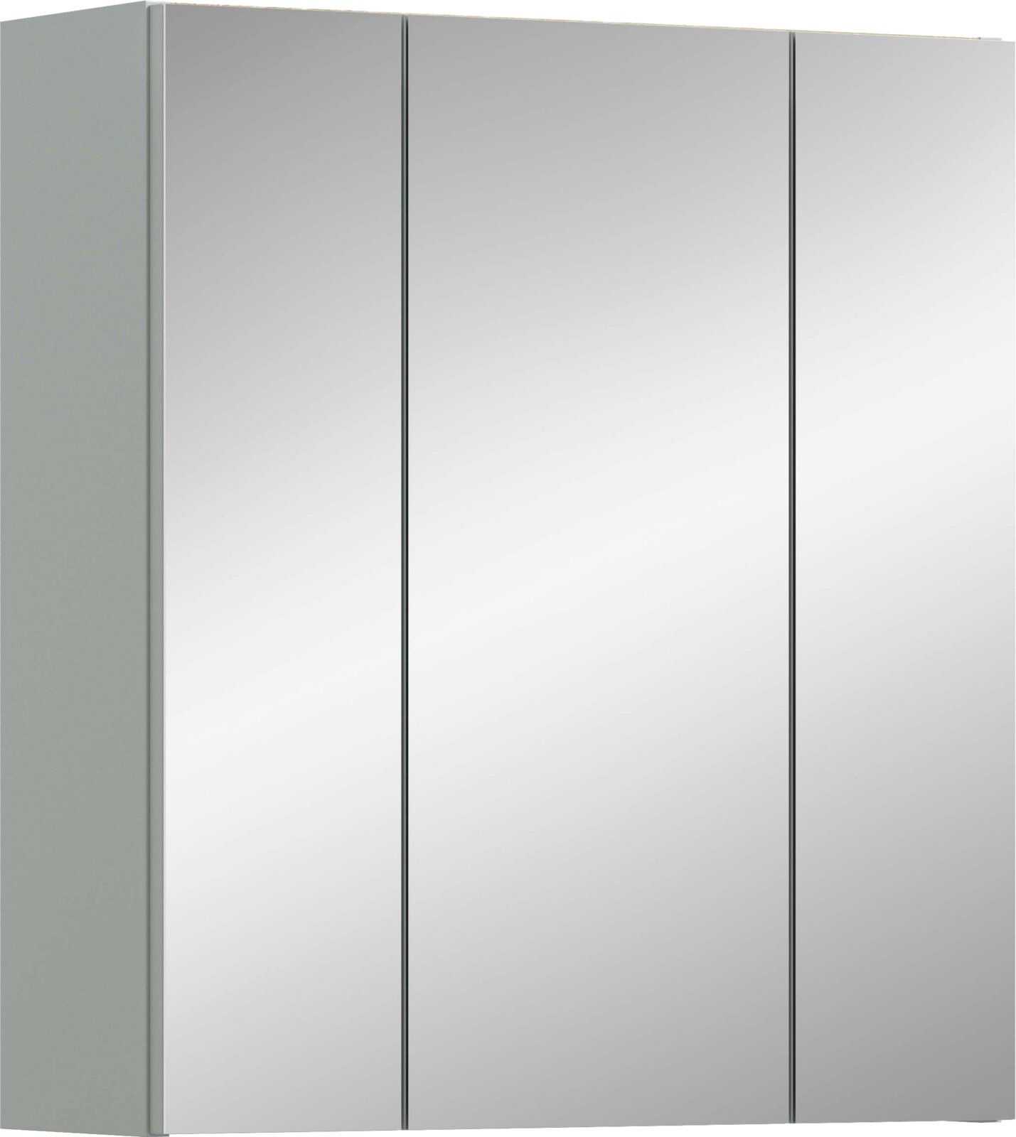 Dreiteiliger Spiegelschrank in Silber/Grau mit drei Spiegeltüren, frontale Ansicht mit leichtem Blick von links