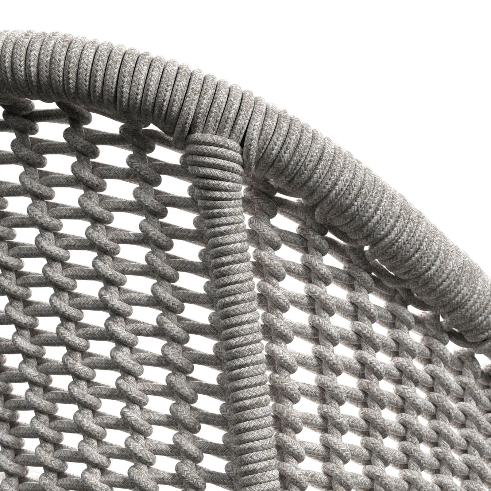 Detailansicht eines Armlehnstuhls mit geflochtenem Seilgewebe in Nahaufnahme.