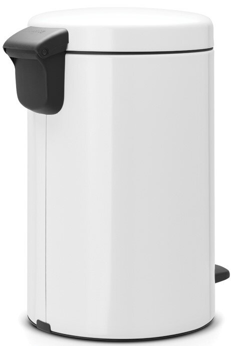 Witte Brabantia-pedaalemmer met zwart deksel en pedaal, zijaanzicht