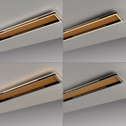 Moderne, lineare LED-Deckenleuchte mit Holzoptik-Einsatz und umlaufendem Lichtband, schräg von unten aus der Froschperspektive fotografiert