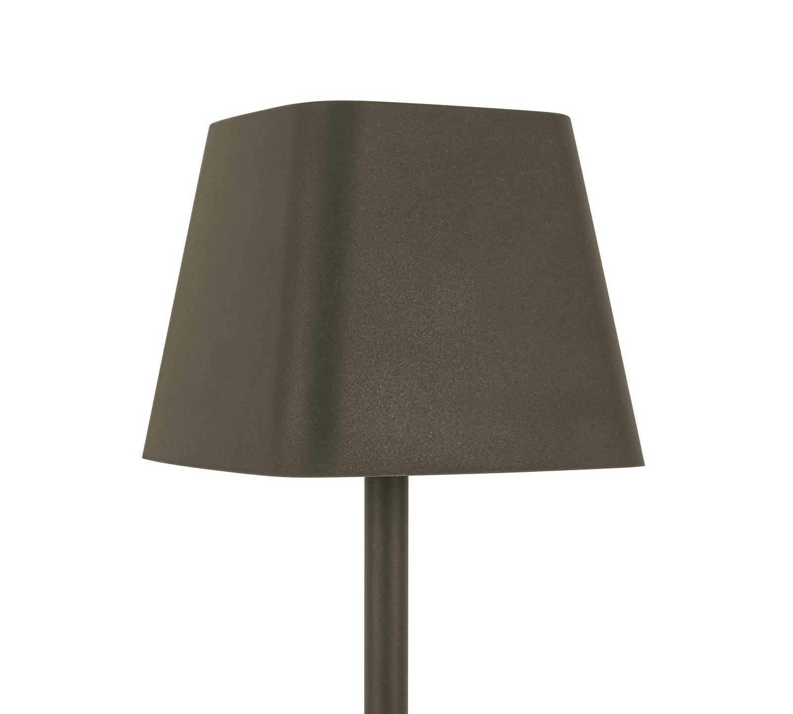 Nahaufnahme einer Akku-Tischleuchte mit modernem, minimalistischem Design in dunklem Farbton.