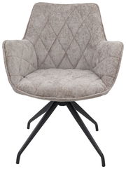 Grauer Armlehnstuhl mit gesteppter Polsterung und schwarzem Metallgestell, Frontalansicht