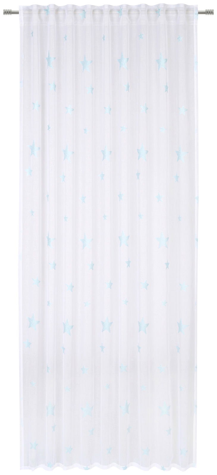 Weißer Fertigvorhang mit blauen Sternen, frontal betrachtet