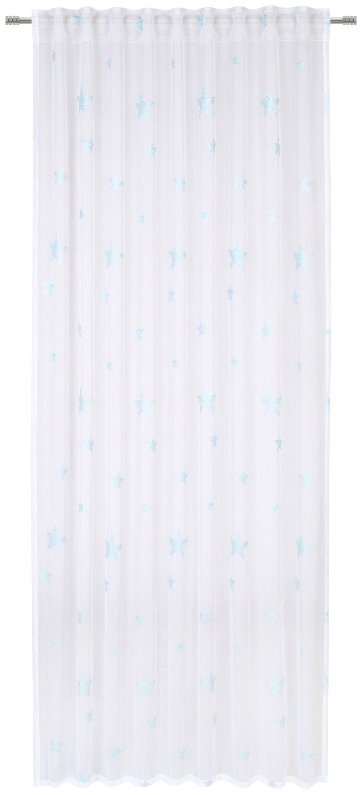 Weißer Fertigvorhang mit blauen Sternen, frontal betrachtet