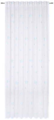 Weißer Fertigvorhang mit blauen Sternen, frontal betrachtet