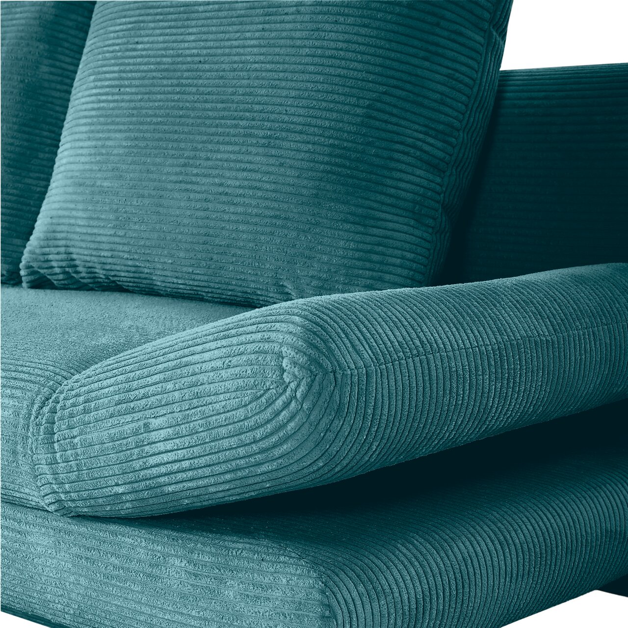 Nahaufnahme eines grünen Funktionssofas mit geripptem Stoffbezug, seitliche Perspektive