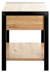 Frontansicht einer modernen Nachtkommode mit Holzoptik und schwarzem Metallrahmen.