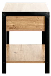 Frontansicht einer modernen Nachtkommode mit Holzoptik und schwarzem Metallrahmen.