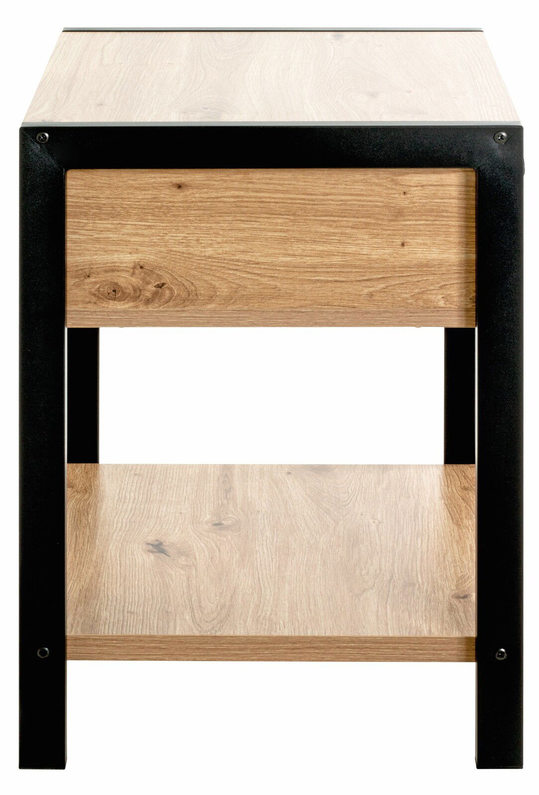 Frontansicht einer modernen Nachtkommode mit Holzoptik und schwarzem Metallrahmen.