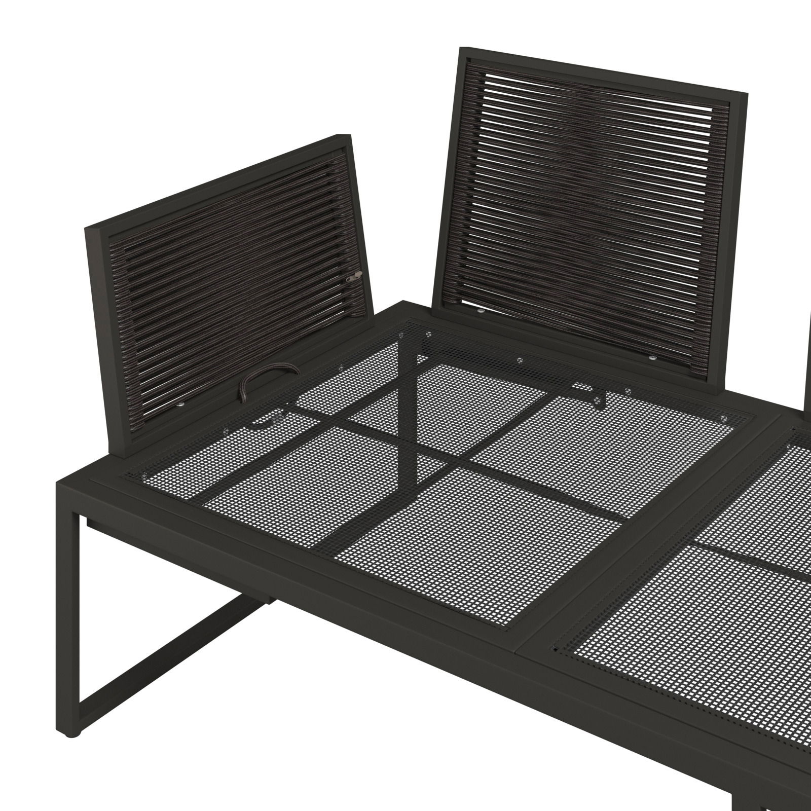 Detailansicht einer Loungegarnitur mit dunklem Metallrahmen und Gitterdesign, seitliche Perspektive