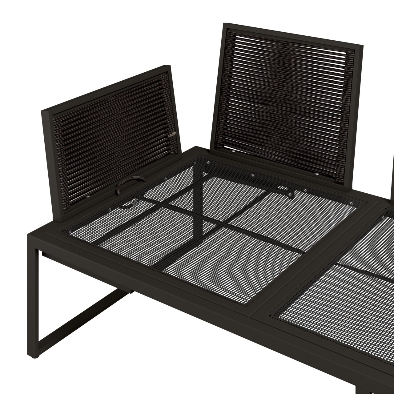 Detailansicht einer Loungegarnitur mit dunklem Metallrahmen und Gitterdesign, seitliche Perspektive