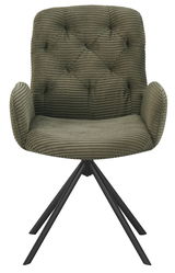 Grüner Armlehnstuhl mit gestepptem Stoffbezug und schwarzem Metallgestell, Frontalansicht