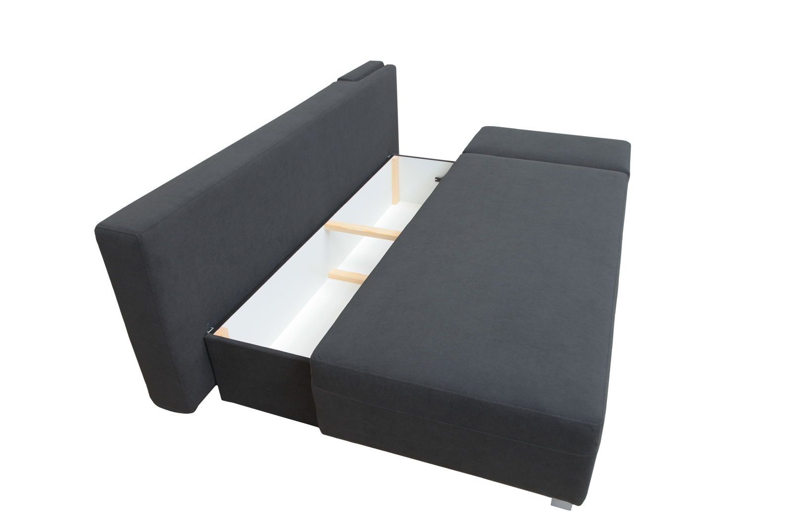 Funktionssofa in dunklem Stoff, von oben betrachtet, mit ausgeklapptem Bettkasten und Stauraum.