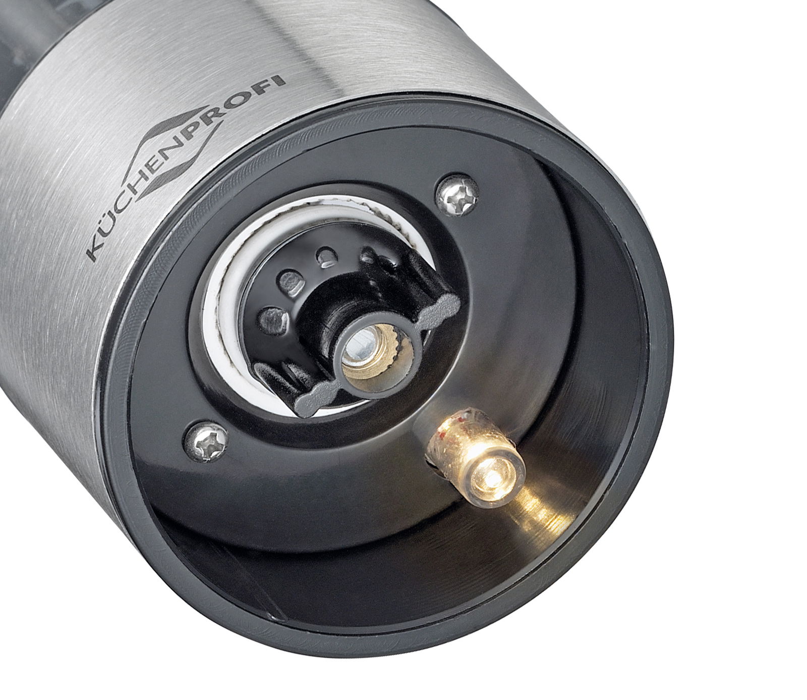 Nahaufnahme der Unterseite einer Pfeffer- und Salzmühle aus Edelstahl mit sichtbarem Mahlwerk und LED-Licht.