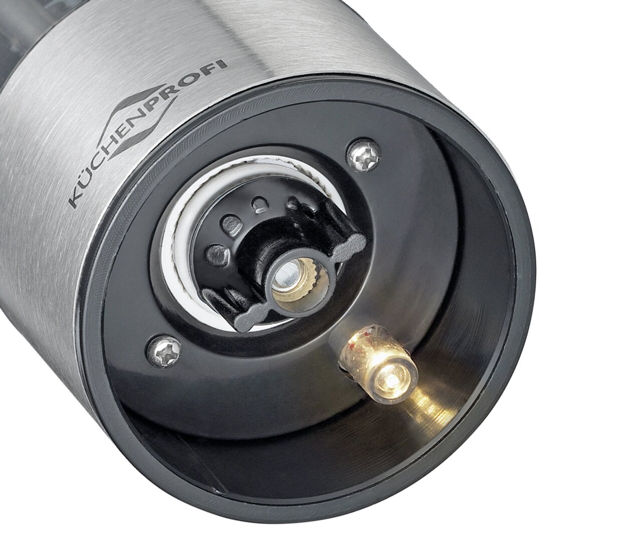 Nahaufnahme der Unterseite einer Pfeffer- und Salzmühle aus Edelstahl mit sichtbarem Mahlwerk und LED-Licht.