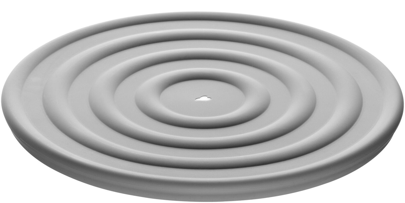 Grauer Silikondeckel mit konzentrischen Kreisen, von oben betrachtet.