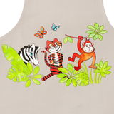 Kinderschürze in Grau mit buntem Dschungelmotiv, zeigt Zebra, Tiger, Affe und Schmetterlinge, Vorderansicht