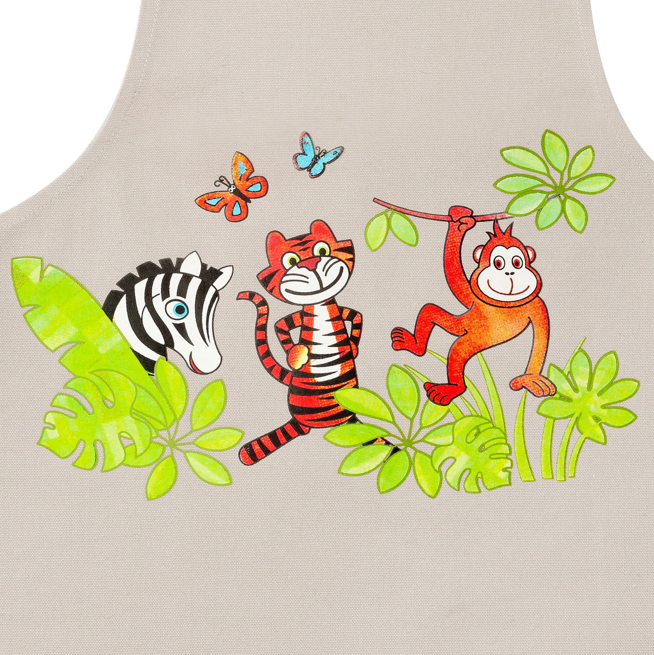 Kinderschürze in Grau mit buntem Dschungelmotiv, zeigt Zebra, Tiger, Affe und Schmetterlinge, Vorderansicht