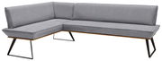 Graue Eckbank mit modernem Design, Metallbeinen und Polsterung, seitliche Perspektive