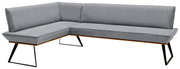 Graue Eckbank mit modernem Design, Metallbeinen und Polsterung, seitliche Perspektive