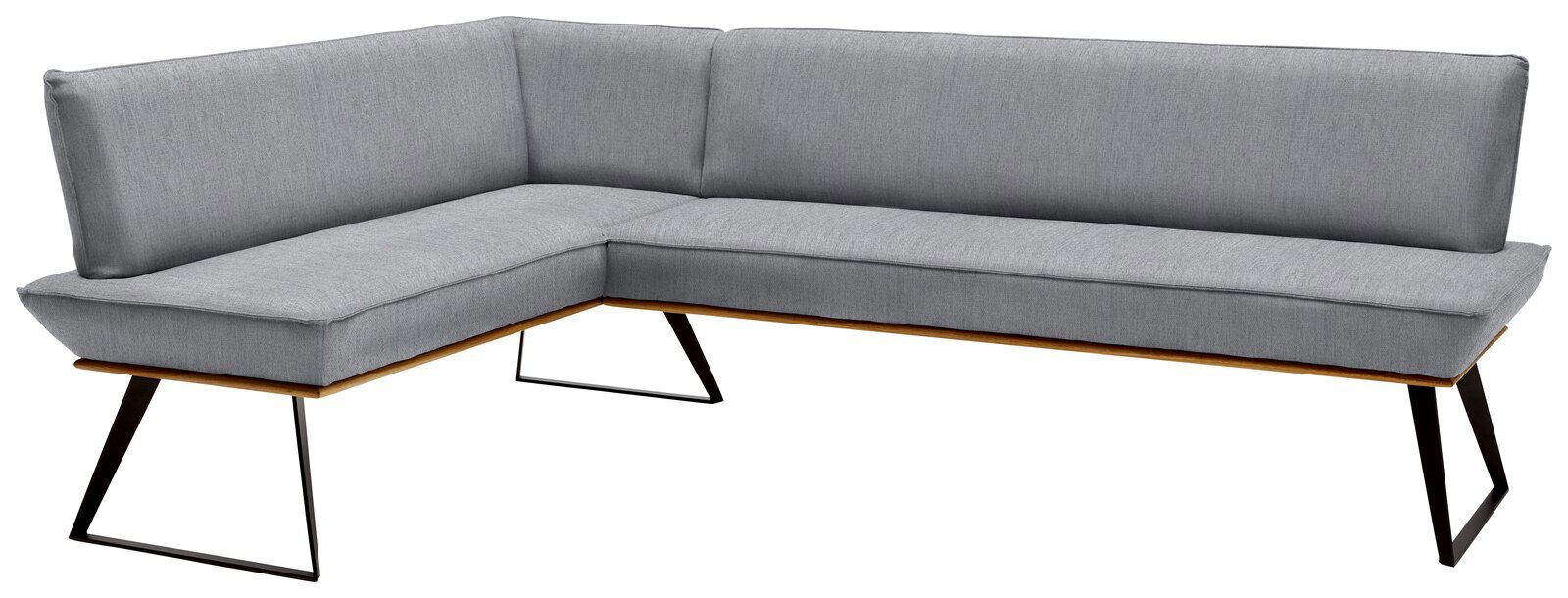 Graue Eckbank mit modernem Design, Metallbeinen und Polsterung, seitliche Perspektive