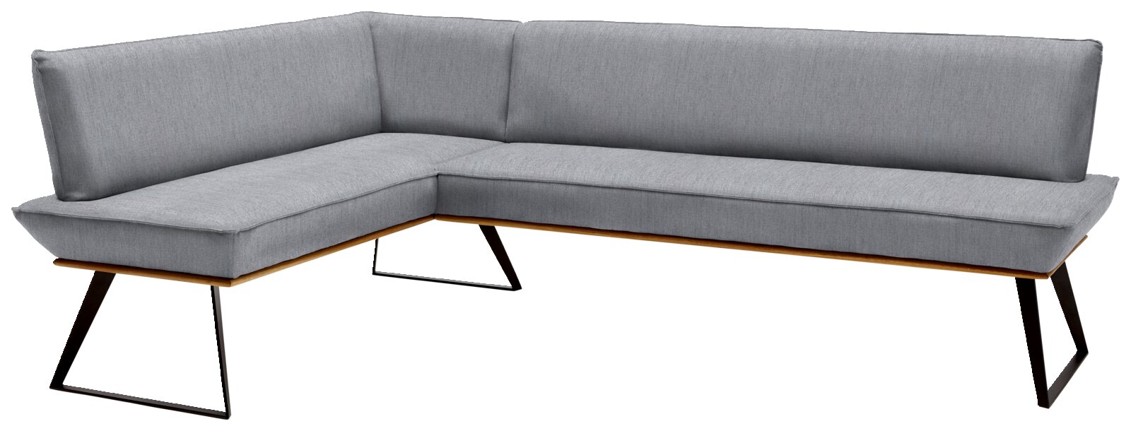 Graue Eckbank mit modernem Design, Metallbeinen und Polsterung, seitliche Perspektive