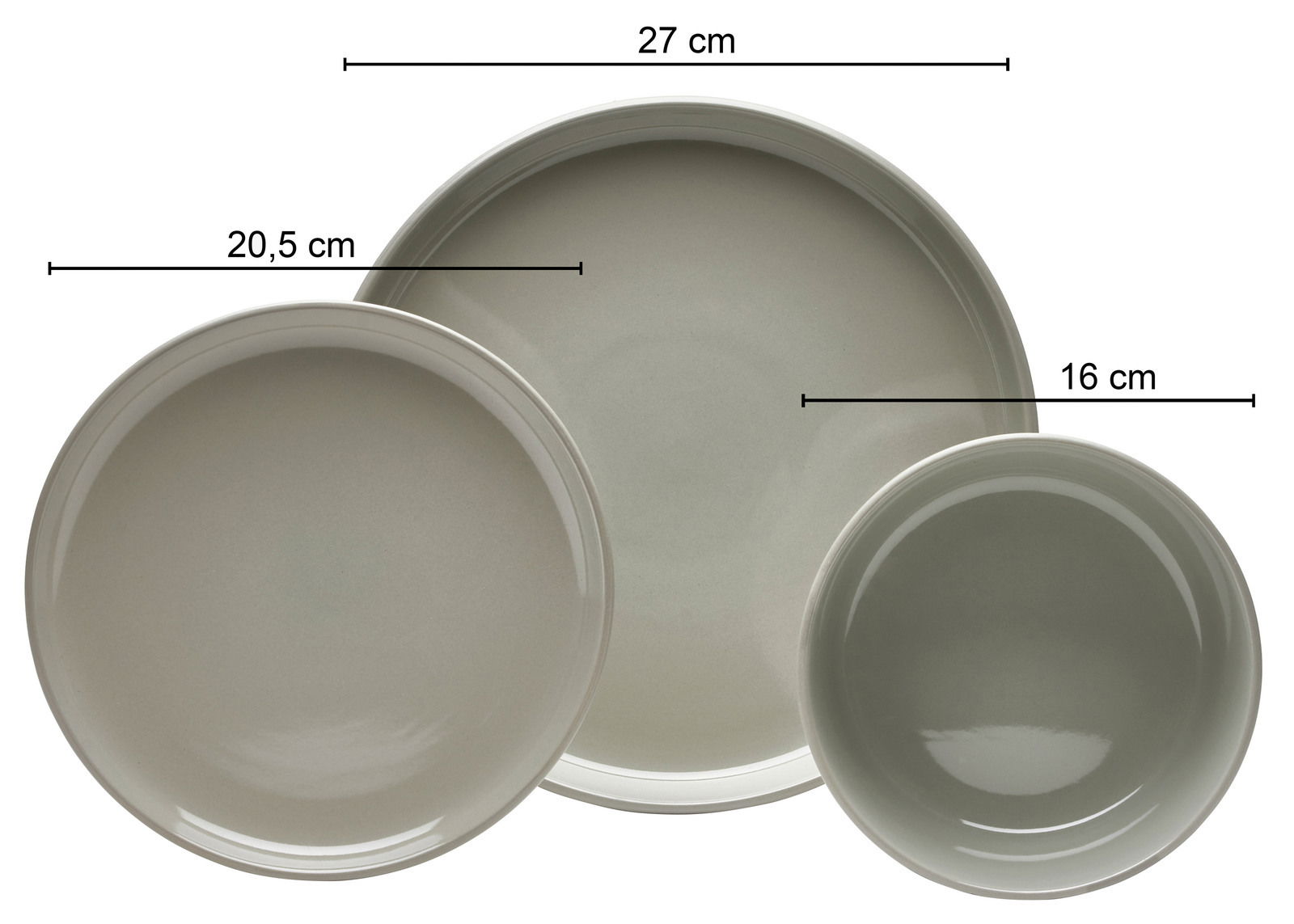 Draufsicht auf drei graue Teller in verschiedenen Größen: 27 cm, 20,5 cm und 16 cm Durchmesser.