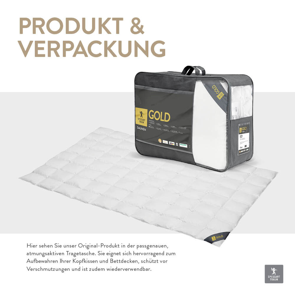 Sommerdecke 135x200cm ULTRA LESpessarttraum GOLD in Verpackung und ausgelegt, Vorderansicht