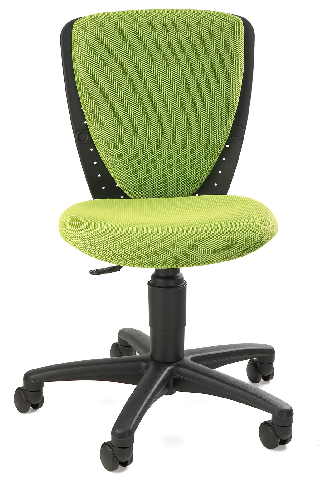 Grüner Kinder- und Jugendstuhl mit Netzrückenlehne und Rollen, seitliche Perspektive