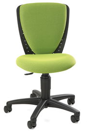 Grüner Kinder- und Jugendstuhl mit Netzrückenlehne und Rollen, seitliche Perspektive